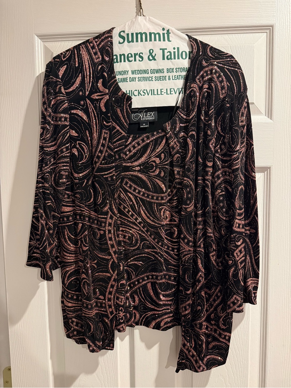 Alex Evenings Black Top with Rose Metallic Paisley Pattern